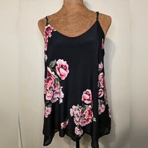 Black Floral Flowy Cami Top – Rose Print Swing Tank – Boho Layered Hem – One Siz